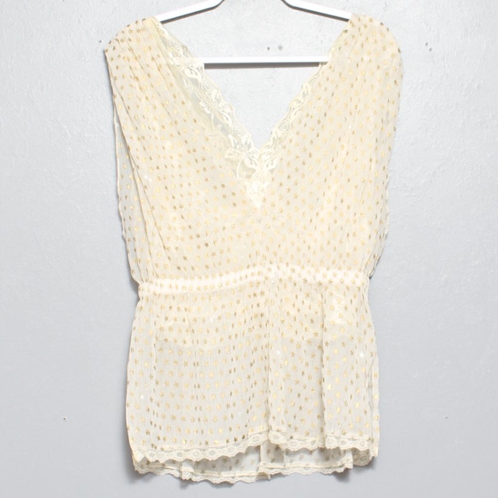 Free People Cream Lace Trim V-Neck Peplum Blouse